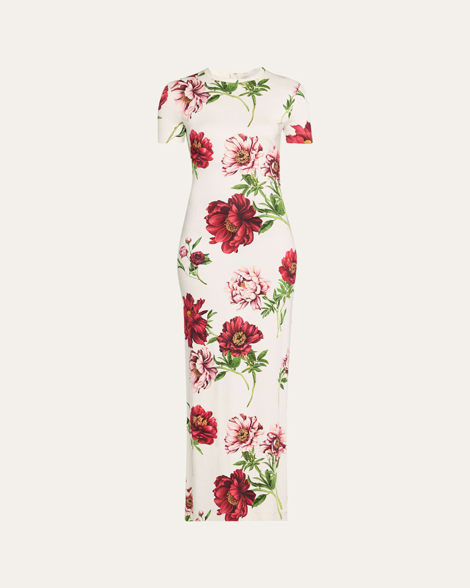 Peony-Print Jersey Short-Sleeve Maxi T-Shirt Dress